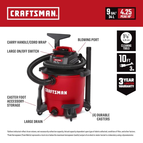 CRAFTSMAN CMXEVBE18590 9 Gallon 4.25 Peak HP Wet Dry Shop Vacuum - size: 9 Gal 4.25 Peak HP w/ Dust Bags