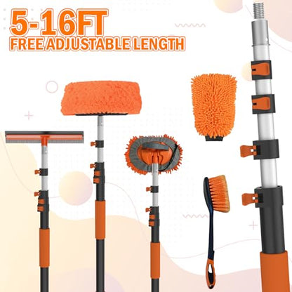 LAANPOLE 16FT Car Wash Brush with Long Handle, Car Cleaning Kit with Soft Bristle Wash Brush, Microfiber Cleaning Mop, Window Squeegee, Mitt, Wheel Brush for RV, Truck, Boat, House Siding - size: 16FT