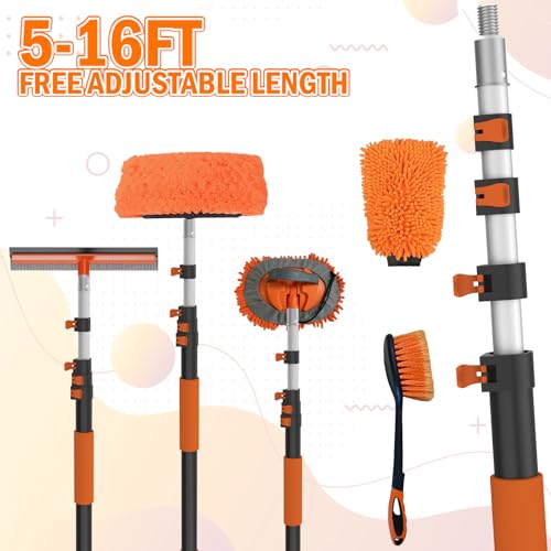 LAANPOLE 16FT Car Wash Brush with Long Handle, Car Cleaning Kit with Soft Bristle Wash Brush, Microfiber Cleaning Mop, Window Squeegee, Mitt, Wheel Brush for RV, Truck, Boat, House Siding - size: 16FT