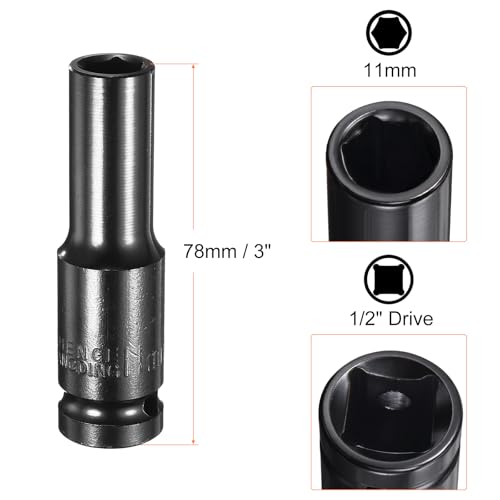 HARFINGTON Deep 6-Point Impact Socket 1/2" Drive 11mm Metric Socket 3" Length with 1/4" Hex Shank Adapter, CR-V Steel Socket Adapter Accessory Tool Set Kit for Hex Bolts Nuts - size: 11mm