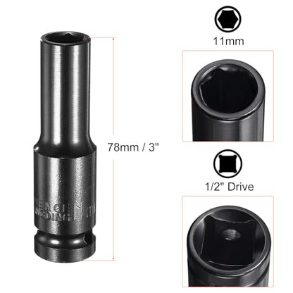 HARFINGTON Deep 6-Point Impact Socket 1/2" Drive 11mm Metric Socket 3" Length with 1/4" Hex Shank Adapter, CR-V Steel Socket Adapter Accessory Tool Set Kit for Hex Bolts Nuts - size: 11mm