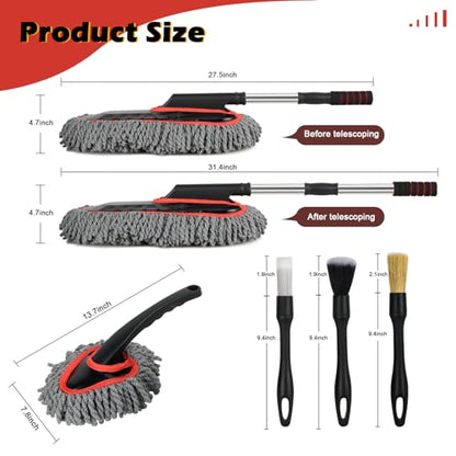 Car Duster Exterior Scratch Free,Microfiber Car Duster with Extendable Handle, with 3PCS Detailing Brush, Exterior Interior Multipurpose for SUV,Truck,RV
