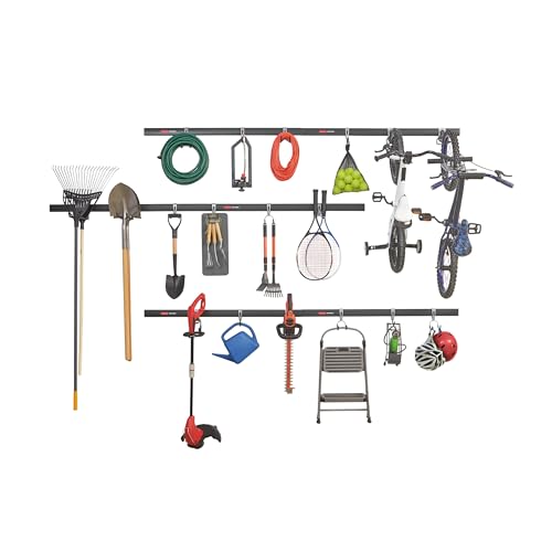 Rubbermaid 24-Piece FastTrack Garage Wall-Mounted Storage Kit, 6 Rails and 18 Hooks, Black, for Home/House/Tool/Sports/Equipment/Utility Purposes - size: 6 Rails, 18 Hooks