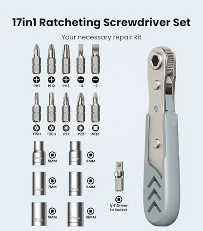 AXTH 17in1 Right Angle Ratcheting Screwdriver Set, [Bearing Steel] 36-Tooth Mini Ratchet Wrench, Men Gifts, Low Profile Ratchet Screwdriver, Magnetic Offset Screwdriver Repair Tool - style: 17in1