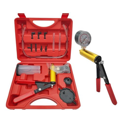 Hand Held Vacuum Pump Brake Bleeder Kit, Brake Clutch Fluid Bleeder Vacuum Pump Pressure Tester with Gauge Adapters, Automotive Brake Fluid Bleeding Set with Protected Case