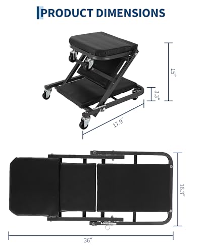 Garvee 36" Z-Creeper Seat on Wheels, 2-in-1 Foldable Garage Creeper Shop Seat, 330 LBS Capacity Automotive Mechanic Repair Under Car Rolling Creeper Seat with 6 Swivel Casters - color: Black