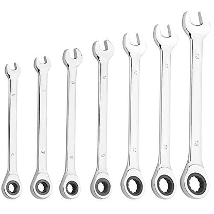KINJOEK 7 PCS 6 mm 7mm 8mm 9mm 10mm 11mm 13 mm Ratcheting Combination Wrenches Set Metric, 12-Point Design 72-Tooth Ratchet Gear Spanner - size: 7mm to 13mm 7PCS