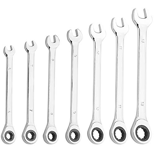 KINJOEK 7 PCS 6 mm 7mm 8mm 9mm 10mm 11mm 13 mm Ratcheting Combination Wrenches Set Metric, 12-Point Design 72-Tooth Ratchet Gear Spanner - size: 7mm to 13mm 7PCS