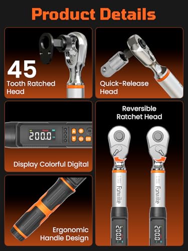 Digital Torque Wrench, 7.38-147.5 ft.lb/10-200 Nm, 1/2" Drive Inch Pound Torque Wrench Electronic with Buzzer & Colorful LED Indicator Cars Automotive