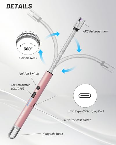 VEHHE Rose Gold USB Rechargeable Electric Arc Lighter with LED Display Long Neck Flexible Suitable for Kitchen, Candles, Gas Cookers, Barbecues - color: Roségold
