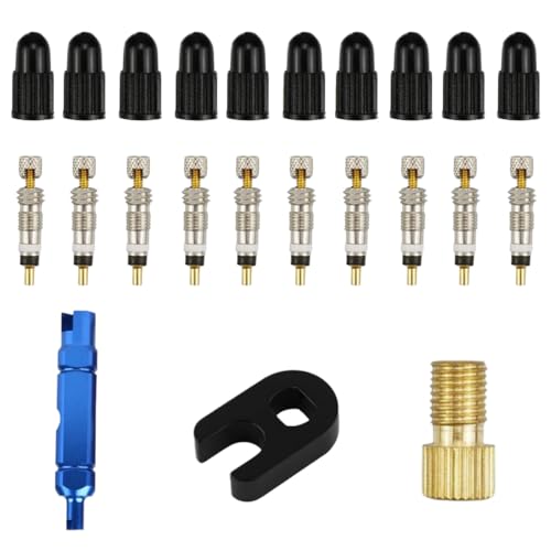 23PCS Presta Valve Core Repair Kit for Bike Bicycle, Tubeless Valve Cores with Plastic & Alloy Valve Core Dismantle Removal Tool, Brass Presta Valve Adapter, Valve Stem Caps for Road MTB Tires (Blue) - color: Blue