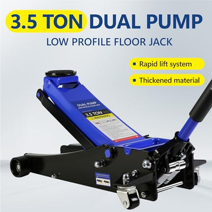 3.5T Low Profile Steel Floor Jack, 7000 lb, Dual Pump, 4"-21" Lift | Heavy-duty steel, dual-piston quick lift, low profile, 4"-21" range, overload safety protection. - size: 3.5T Dual Pump 4"-21"