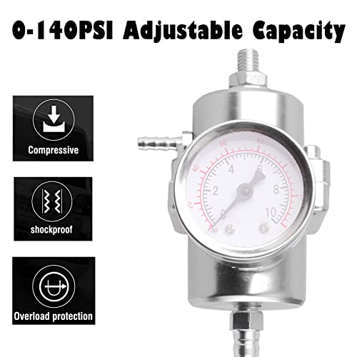 BARTOO Universal Adjustable Fuel Pressure Regulator Kit, Aluminum Fuel Regulator,Adjustable Gas Oil Injection Pressure Regulator with 0-140 PSI Gauge -Silver - color: Silver