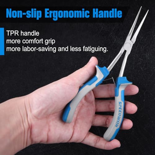 SPEEDWOX Long Reach Bent & Needle Nose Pliers with Smooth & Serrate Jaw | Needle Nose Pliers with Smooth Jaw & Bent Needle Nose Pliers With Serrated Jaw & Wire Cutter, Extra Long, Jewelry Making - style: 2PCS Needle Nose Pliers