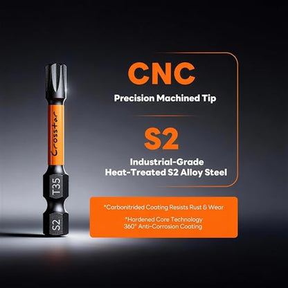 Crosstar 31 Pcs 1“&2"" Impact Torx Bit Set, S2 Steel Magnetic Security Star Bits, Tamper Proof Torx Screwdriver Bits with CNC Tips for Drill/Driver, Automotive, Woodworking & Home Repair - size: T7-T40 (1IN & 2IN)