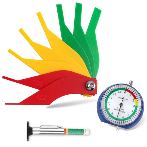 3 Pcs Dial Type Tire Tread Depth Gauge Tool Kit Portable & Lightweight | Color Coded Tire Depth Gauge, Brake Lining Thickness Measure Ruler Pad Set for Motorcycle, Car, Truck, Bus