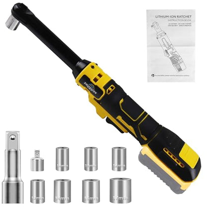 3/8" Extended Cordless Ratchet Wrench for Dewalt 20V Series Batteries | 600 RPM, 100 N.m Electric Power Ratchet Set with 8 Metric Sleeves,Built-in LED Light, Extended 6-inch Long Neck