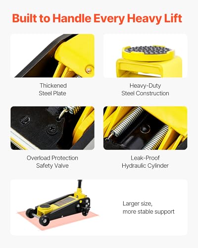 VEVOR 3 Ton Low Profile Floor Jack for All Terrain Vehicles, Heavy-Duty Steel Racing Jack with Quick Lift Pump, 5.12"-20" Lifting Range, 3.0 tons - color: yellow