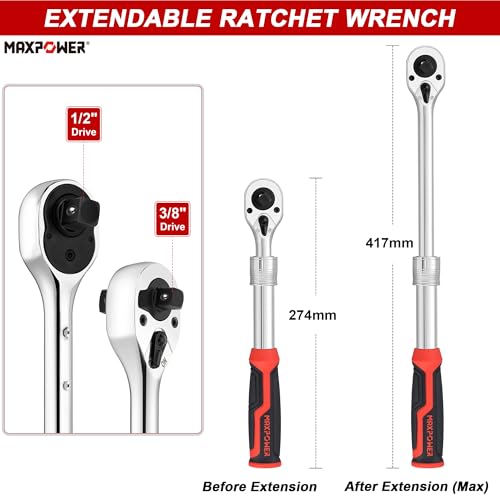 MAXPOWER Socket Wrenches Set, Extendable Ratchet Wrench 72-Tooth Reversible Ratcheting and 360 Flex Head Breaker Bar, Both Double Head 1/2" & 3/8" Drive