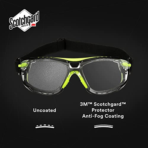 3M Safety Glasses, Solus 1000 Series, S1201SGAF-TSKT, Green/Black, Scotchgard Anti-Fog Coating, Clear Lens, Anti Scratch, with TPE Gasket and Elastic Strap, Pack of 1