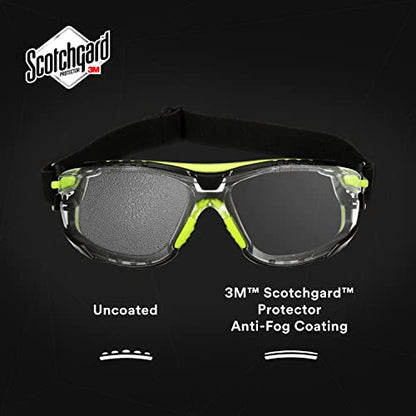3M Safety Glasses, Solus 1000 Series, S1201SGAF-TSKT, Green/Black, Scotchgard Anti-Fog Coating, Clear Lens, Anti Scratch, with TPE Gasket and Elastic Strap, Pack of 1
