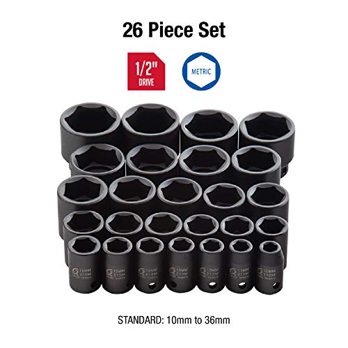 Sunex 2645, 1/2 Inch Drive Impact Socket Set, 26-Piece, Metric, 10mm-36mm, Cr-Mo Alloy Steel, Radius Corner Design, Heavy Duty Storage Case (Pack of 4) - size: 4 Pack