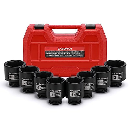 CASOMAN 1/2-Inch Drive Shallow Spindle Axle Nut Impact Socket Set,1-9/16" to 2", 6-Point, SAE, CR-MO, 8 Piece 1/2" Heavy Duty Impact Socket Set - size: 8PCS(1-9/16 Inch - 2 Inch), style: Shallow