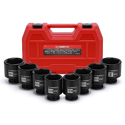 CASOMAN 1/2-Inch Drive Shallow Spindle Axle Nut Impact Socket Set,1-9/16" to 2", 6-Point, SAE, CR-MO, 8 Piece 1/2" Heavy Duty Impact Socket Set - size: 8PCS(1-9/16 Inch - 2 Inch), style: Shallow