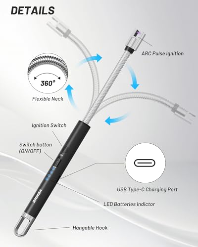 VEHHE Candle Lighter, Electric Rechargeable Arc Lighter with LED Battery Display Long Flexible Neck USB C Lighters for Light Candles Gas Stoves Camping Barbecue - color: Black