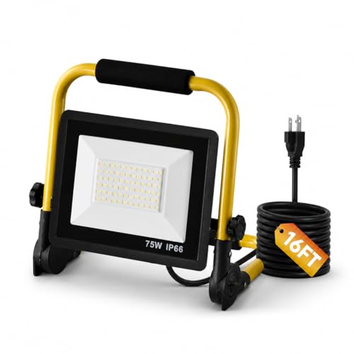 75W 7500LM LED Work Light, 6000K IP66 Waterproof Flood Light, 16FT Power Cord, Portable Led Lights for Outdoor & Indoor Job Site Car Inspection Workshop Garage Construction Site - size: 1 Adjustable Head