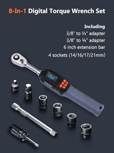 Goseek Digital Torque Wrench 3/8'' Drive, 5-99.6 Ft-lbs/6.8-135Nm, 90 Tooth Torque Wrench with Buzzer & LED Indicator, Electronic Torque Wrench Set for Bike Motorcycle Car Tire Auto Repair
