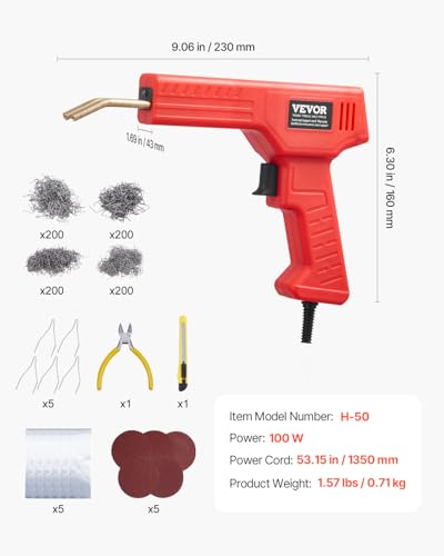 VEVOR Plastic Welder, 100W Plastic Welding Gun with 800PCS Hot Staples, Professional Hot Staple Welding Gun, Plastic Car Bumper Repair Kit with LED Light for Kayak, Toys, Plastic Crack Repair - style: 100W Gun