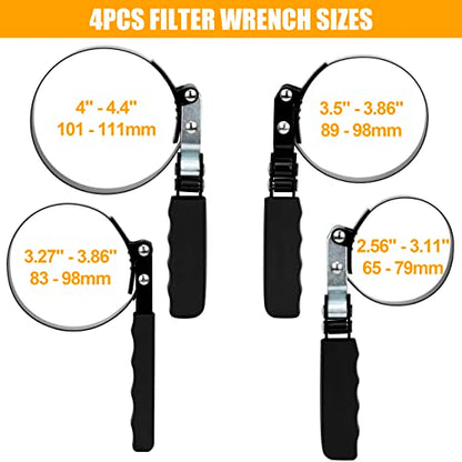 Oil Filter Wrench Set, 4PCs Heavy Duty Oil Filter Wrench 2.56”-3.11”, 3.27”-3.86”, 3.5”-3.86”, 4”-4.4”Swivel Oil Filter Remover Pliers, Oil Change Tools Set for Removing Oil Filters