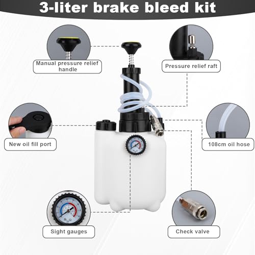 11pcs 3L Brake Bleeder Kit with Vacuum Pump, 1L Waste Bottle & 4 Master Cylinder Adapters - One Person Brake Pressure Bleed System Motive Power Fluid Bleeding Tool for Most Vehicles