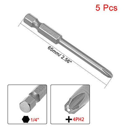 uxcell 5 Pcs 4mm PH2 Magnetic Phillips Screwdriver Bits, 1/4 Inch Hex Shank 2.56-inch Length S2 Power Tool - size: 4.0xPH2