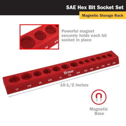 Titan 85530 13-Piece SAE Hex Bit Socket Set, Magnetic Socket Organizer with Laser-Etched Size Markings - style: New Metric Hex