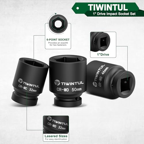 1-Inch Drive Deep Impact Socket Set,15 Pcs, Metric,CR-MO for Truck | 17/19/21/22/24/27/30/32/34/36/38/41/46/50/55mm Heavy Duty Large Sockets for Excavator & Industrial Use, with Metal Case - size: 15 PCS