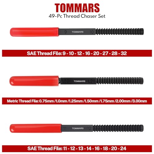 TOMMARS 49-Piece Thread Chaser Set for UNC, UNF and Metric Threads | Thread Repair Kit with Taps, Dies and Thread Files for Rethreading, Restoring and Cleaning Internal and External Threads - size: Metric and SAE