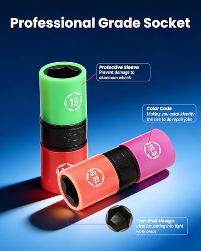 DPTOOL Half Size Lug Nut Socket Set 1/2” Drive Impact Flip Socket Set | Metric 6 Point Non-Marring Thin Wall Double Ended Wheel Lug Nut Socket for Removal of Swollen, Dented and Deformed Lug Nuts - size: 17, 17.5, 18.5, 19, 19.5, 21, 21.5, 22, 22.5 mm