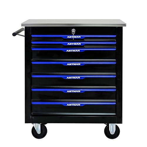 Runboll 7 Drawer Rolling Tool Chest with Locker, 25.9" D Metal Movable Lockable Tool Cart Box Multi-Functional Hardware Storage Cabinet Box for Warehouse Basement Home Pantry Garage - color: Black/Blue-26" L, size: 7 Drawer