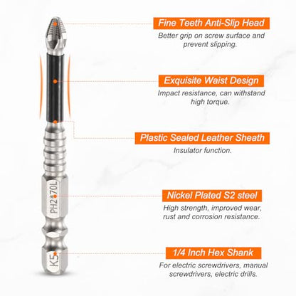 HARFINGTON 6pcs Impact Phillips Screwdriver Bit PH2 (#2) Anti Slip Tip 1/4" Hex Shank 2" (50mm) Long Magnetic Cross Screw Driver Industrial Power Drill Bits for Remove Fastening Screws - size: 2 inch