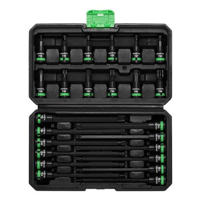 EMENTOL 24PCS 3/8" Drive Impact Torx Bit Socket Set, Extra Long Star Bit Sockets, T10-T60, Cr-V and S2 Alloy Steel - size: Torx Bit T10-T60