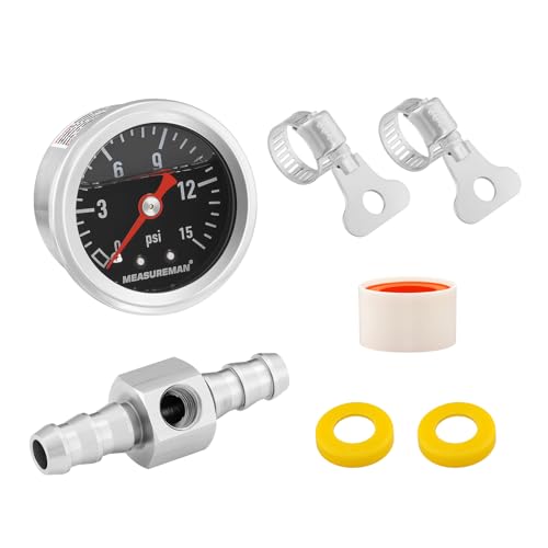 MEASUREMAN 0-15 Psi Glycerin Filled Fuel Pressure Gauge, 1.5” Dial, 304 Stainless Steel Case, 1/8” NPT Center Back Mount, with 3/8” Fuel Line Adapter, Copper Tube & Fittings, Red Aluminum Pointer - size: 0-15 psi, style: Back Mount (7 Pieces Kit Black)