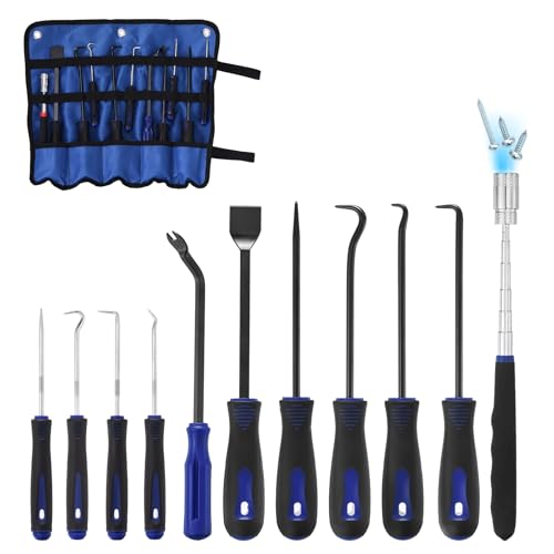 11Pcs Hook and Pick, Straight Head Magnetic Pickup Tool Large Small Hook Short Pry Bar Gasket Scraper for Remove Hoses Gaskets Car Panel Fastener, Blue - color: Blue
