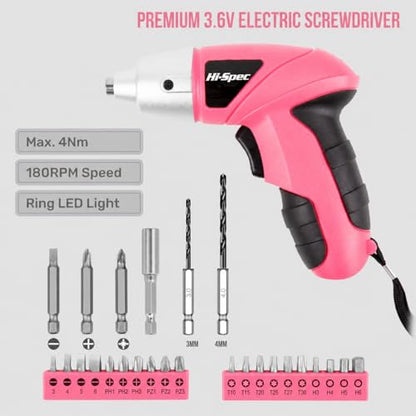 Hi-Spec Small Electric Screwdriver, Mini Drill Set, Rechargeable 3.6V Cordless Screwdriver with 26 Driver Bits, Power Tool for Small Projects & Home Use, Pink | 27pc, Speeds furniture assembly, comfortable cordless control, LED work light, USB charging, o