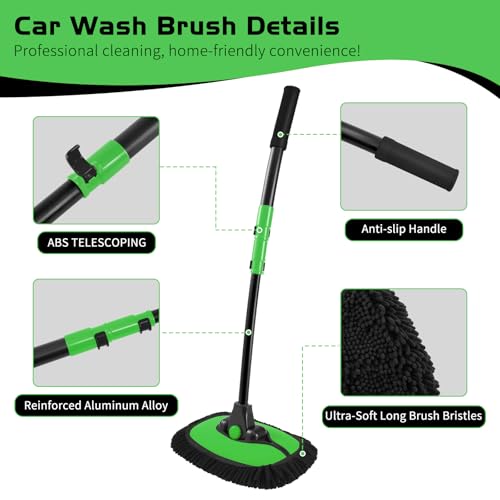 Ordenado 15°Curved Car Wash Brush with Long Handle, 43" Car Cleaning Brush with Extension Pole, Microfiber RV Wash Mop Scratch-Free, Exterior Washer Mop for Washing Roof Truck Camper SUV Caravan Green - color: Black and Green