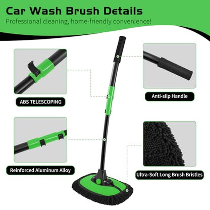 Ordenado 15°Curved Car Wash Brush with Long Handle, 43" Car Cleaning Brush with Extension Pole, Microfiber RV Wash Mop Scratch-Free, Exterior Washer Mop for Washing Roof Truck Camper SUV Caravan Green - color: Black and Green
