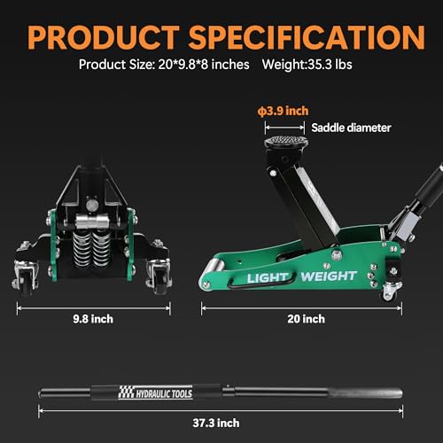 1.5T Low Profile Floor Jack, 3000 lb, Dual Pump | Lightweight aluminum & steel construction. Quick lift dual pump. Ideal for sedans and sports cars. Easy to store and move. - size: 1.5T Aluminum & Steel Green