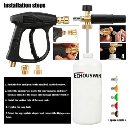 High Pressure Washer Gun with Foam Cannon, Car Wash Foam Gun with 1/4" Quick Connector, Pressure Washer Foam Cannon Kit with 5 Pressure Washer Nozzle Tips, 2 Adapter, 1 Liter