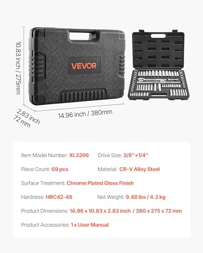 VEVOR Socket Set, 69 Pieces, 3/8 & 1/4 inch Drive Socket and Ratchet Set, SAE and Metric, Deep and Standard, Mechanic Tool Kit with Accessories and Storage Case, CR-V Alloy Steel, for Auto Repair - size: 1/4"&3/8", style: 69 PCS